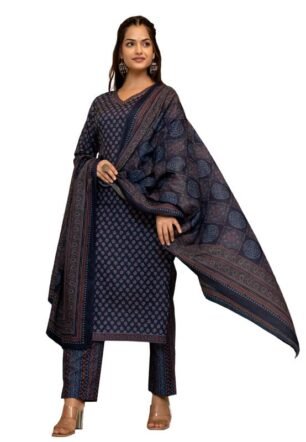 Vaamsi Women's Ethnic Motifs Straight Printed Kurta Pant With Dupatta (PKSKD2647_S_Navy Blue)