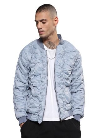 Campus Sutra Men's Icy Blue Braided Crease Puffer Jacket For Casual Wear | Baseball Collar | Long Sleeve | Zipper Closure | Jacket Crafted With Comfort Fit For Everyday Wear