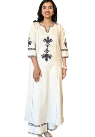 KALAKRITI VASTRA Women's Cotton Embroidered Straight Kurta with Palazzo (White-XXL)