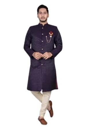XEPON Jacquard Men’s Navy Blue Kurta with Green Jacquard Sherwani Jacket and Dhoti Full Sleeve | Shervani for Men
