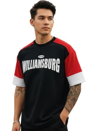 LEOTUDE Men's Half Sleeve Cottonblend Printed Colourblocked Round Neck Drop Shoulder Oversized Tshirt for Man (FS49_BLK_Williamsburg_C1_P_Red_3XL)