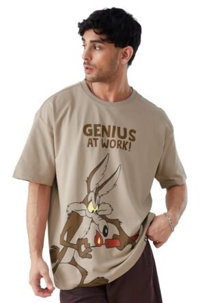 The Souled Store|Official Looney Tunes: Magic Mushroom Mens and Boys Oversized T-Shirts|Half Sleeve|Loose fit Graphic Printed| 80% Cotton 20% Polyester Brown Color Men Oversized T-Shirts