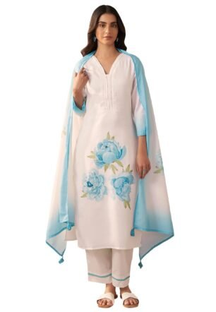 INDO ERA Women's Straight Linen Floral Print with Sequines Work Kurta Pant with Dupatta Set (Off White_IEOUT9826_Medium)