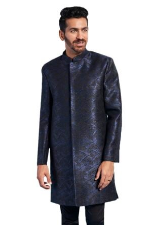 VASTRAMAY Men's Navy Blue Silk Blend Sherwani Only Top - Silk Blend Jacquard Indo Western