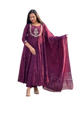 RIYA ATELIER BY RIYANSHI Women's Cotton Embroidery Anarkali Kurti and Pant with Dupatta Set (Purple-M)