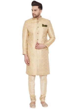 VASTRAMAY Royal Brocade Jacquard Sherwani with Gold Silk Churidar Pyjama | Luxury Wedding & Groom Ethnic Wear Set