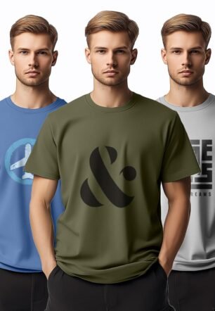 NOBERO Men's Cotton Graphic Printed Regular Fit T-Shirt (1M-TWTS-C0948-216X_Marine / Olive Green/Grey Melange, Small