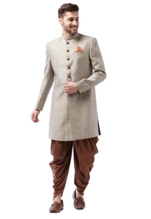VASTRAMAY Men's Maroon And Rose Gold Silk Blend Sherwani Set_VASMIW105BGnCDCO_38