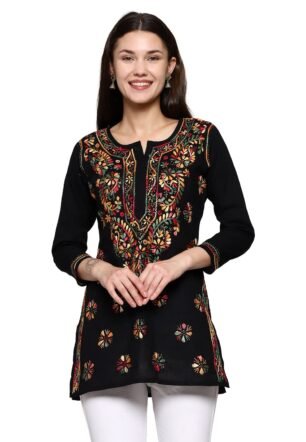 Ada Women Cotton Straight Fit Hand Embroidered Lucknow Chikankari Black Short Kurti Tunic Top A225311 (L)