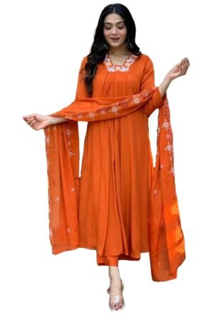GoSriKi Women's Rayon Blend Anarkali Thread Work Kurta with Pant & Dupatta (ASHVTHAMA Orange-GS_3XL_Orange_XXX-Large)