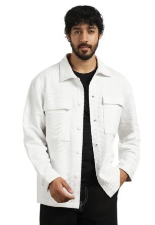 NOBERO Men's Self Design Relaxed Fit Polyester Standard Length Jacket (1M-TWJK-R0003_White Medium
