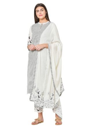 Pistaa's women Cotton Striped Straight salwar Suit Set (Off White, Large)