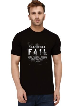 London Hills Men's Cotton Regular Fit Half Sleeve Never Fail Slogan Printed Black T-Shirt