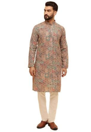 SOJANYA (Since 1958 Men's Cotton Silk Gold Thread Floral Embroidered Kurta with White Pyjama