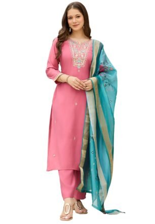 Navlik Women's Viscose Silk Embroidered Straight Kurta with Pant and Dupatta Sets (NK2-657-Gajri-L)
