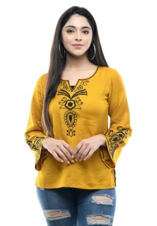 MAAHI Women's Rayon Mustard Embroidery Top Sleve 3/4 Size- M