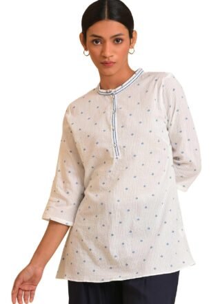 W Ecru Textured Cotton Tunic Top for Women