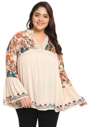 veldress21 Women Tunic Longline Beige Floral Embroidered Tunic Fit and Flare Casual Blouse Top for Women Longline Plus Size (in, Alpha, 7XL, Plus, Beige)