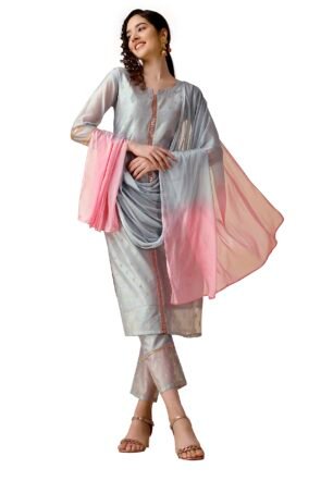 EthnicJunction Womens Chanderi Silk Jacquard Straight Kurta Pant Dupatta Set Grey, Small