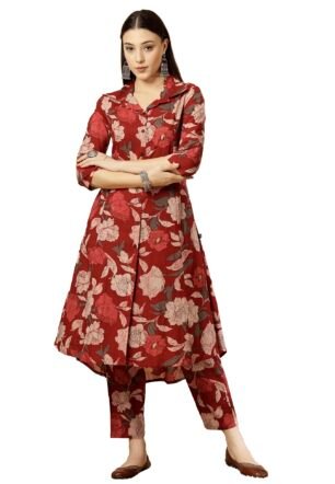 Pistaa's Women Pure Cotton Floral Printed Salwar Suit Set (Maroon, X-Large)