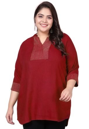 Indietoga Women's Plus Size Maroon Embroidered Casual Cotton Linen Tunic (6XL)
