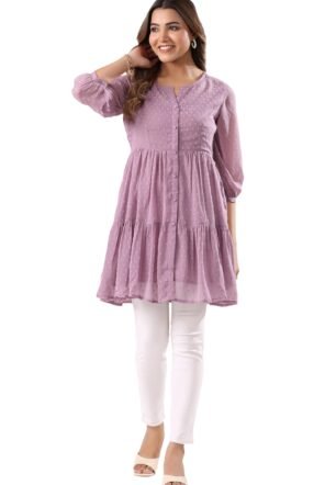 Janasya Women's Lavender Dobby Chiffon Self Design Tiered Tunic (JAA25TU01502-L)