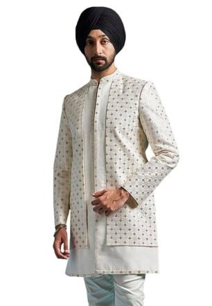 VASTRAMAY Men's Cream Silk Blend Sherwani Only Top - Silk Blend Embroidered Sequiend Indo Western