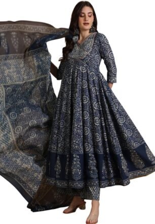 MEERA FAB Women Floral Printed Pure Cotton Anarkali Kurta with Palazzos & Dupatta