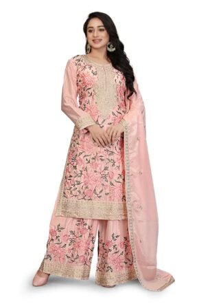 Miss Ethnik Women's Light Pink Chinon Stitched Top With Bottom and Dupatta Full Sleeve Embroidered Kurta Palazzo Set (ME-1264-Light Pink-4XL)