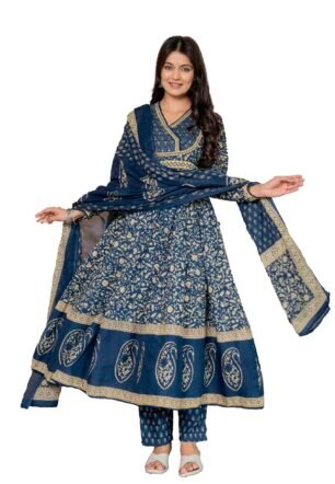Pistaa's Women's Pure Cotton Anarkali Floral Printed Hand Work Kurta with Pant & Dupatta Set (Royal Midnight Blue, X-Large)