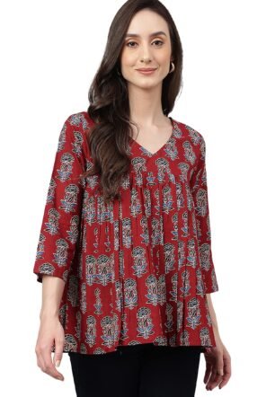 Janasya Women's Maroon Pure Cotton Floral Block Print Flared Top (JNE4034-TP-XXXL)