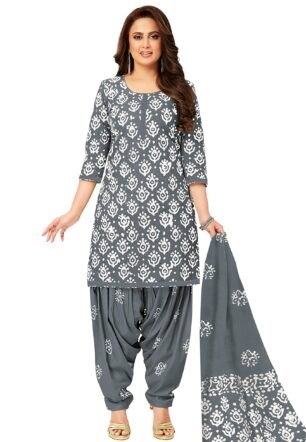 Miraan Cotton Printed Readymade Salwar Suit For Women (MIRAANSANBAT507L_Grey_Large)