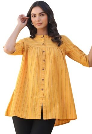 Janasya Women's Mustard Pure Cotton Woven Design Gathered Tunic (J0119-TP-RE-XXXL)