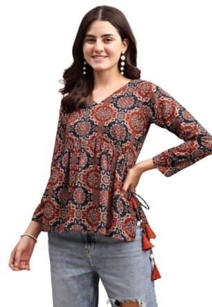 Youthnic Women's Cotton Blend Bandhani Print Peplum Top with Tassles and Kodi (Rust(