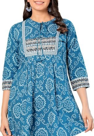 Yash Gallery Women's Cotton Blend Bandhani Straight Regular Fit Short Kurta Tops for Women (XXX-Large, Blue)