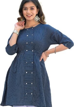 Yash Gallery Women's Kantha Cotton Stripe Printed Straight Tunic for Women (1057YKBLUE_Blue_X-Large)