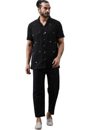 Anushree Malhotra Ocean - Khadi Black Thread Embroidery Half Sleeve Cuban Collar Shirt 100% Cotton for Men (Unisex)