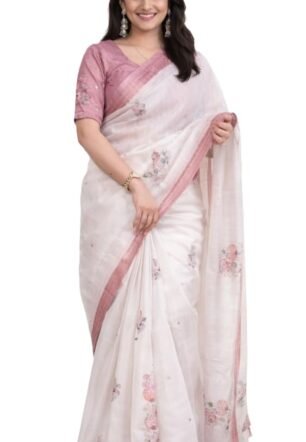 Floral Embroidered Linen Cotton Saree for Women, White with Pink Border, Festive and, Unstitched Blouse Piece Included