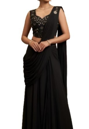 Black Pre-Draped Saree Gown with Embroidered Blouse, Ready to Wear, Ethnic Wear for Women