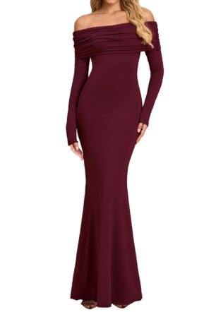 Women Off The Shoulder Long Sleeve Maxi Dress Ruched Bodycon Winter Formal Wedding Guest Dresses, Wine, Small
