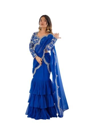 Women's Ready-to-Wear Pre-Stitched Ruffle Saree with Tiered Sharara Bottom and Heavily Embroidered Full-Sleeve Blouse(Unstitched) | Designer Indo-Western Ethnic Set (Blue)