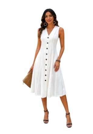 Women's Princess Seam Midi Dress | Sleeveless V-Neck | Front Button Detail | Solid Casual & Party Dress White