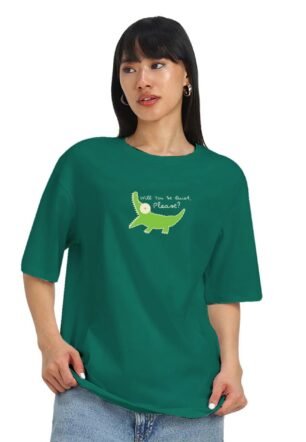 ® 100% Pure Cotton Oversized Baggy Fit Round Neck T-Shirt for Women & Girls (Sizes: S to 2XL) (OS_JB_QUITEPLS22_DG) Dark Green
