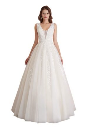 Women's Wedding Dress for Bride Lace Applique Evening Dress V Neck Straps Ball Gowns Ivory US 12