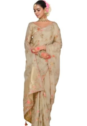 Beige Organza Saree with Multicolour Floral Embroidery, Sequin Work, Gold Border