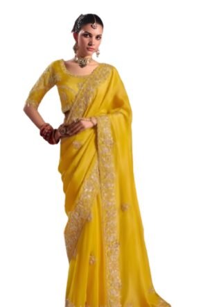 Yellow Silk Saree with Gold Embroidery, Bridal Wear, Floral Embellished Blouse