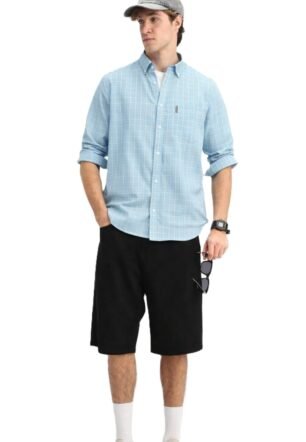 Men's Casual Shirt, Check Pattern, Long Sleeve, Collared (in, Alpha, 2XL, Regular, Standard, Sky Blue)