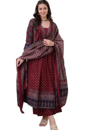 KLOSIA Women Printed Anarkali Kurta and Pant Set with Dupatta Maroon