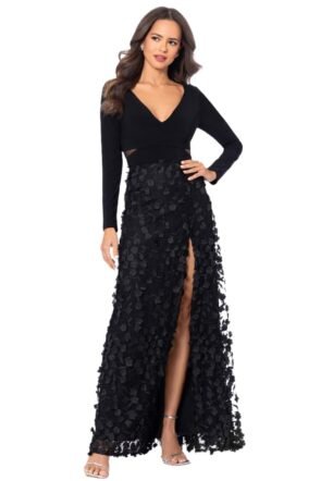Women's Long Sleeve V-Neck Floral Skirted Gown (Reg and Petite) Special Occasion Dress, Black, 18