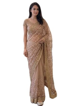 Women's Brown Cream Sequence Worked Net Saree With Blouse